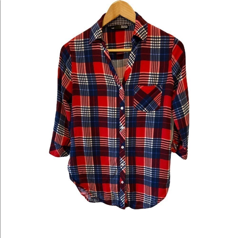 REBEL SUGAR Red&Blue Plaid Lightweight Button Up Collared Casual Top S